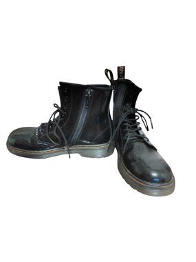 Dr. Martens AirWair Bouncing Soles Black Patent Leather Boots, Lace, Side Zip, 4